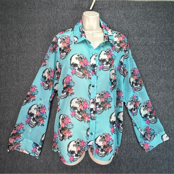 Skull Bongo Plus Blue Sheer Gold Button Top Sz 2X Halloween Day Of The Dead - Picture 2 of 16